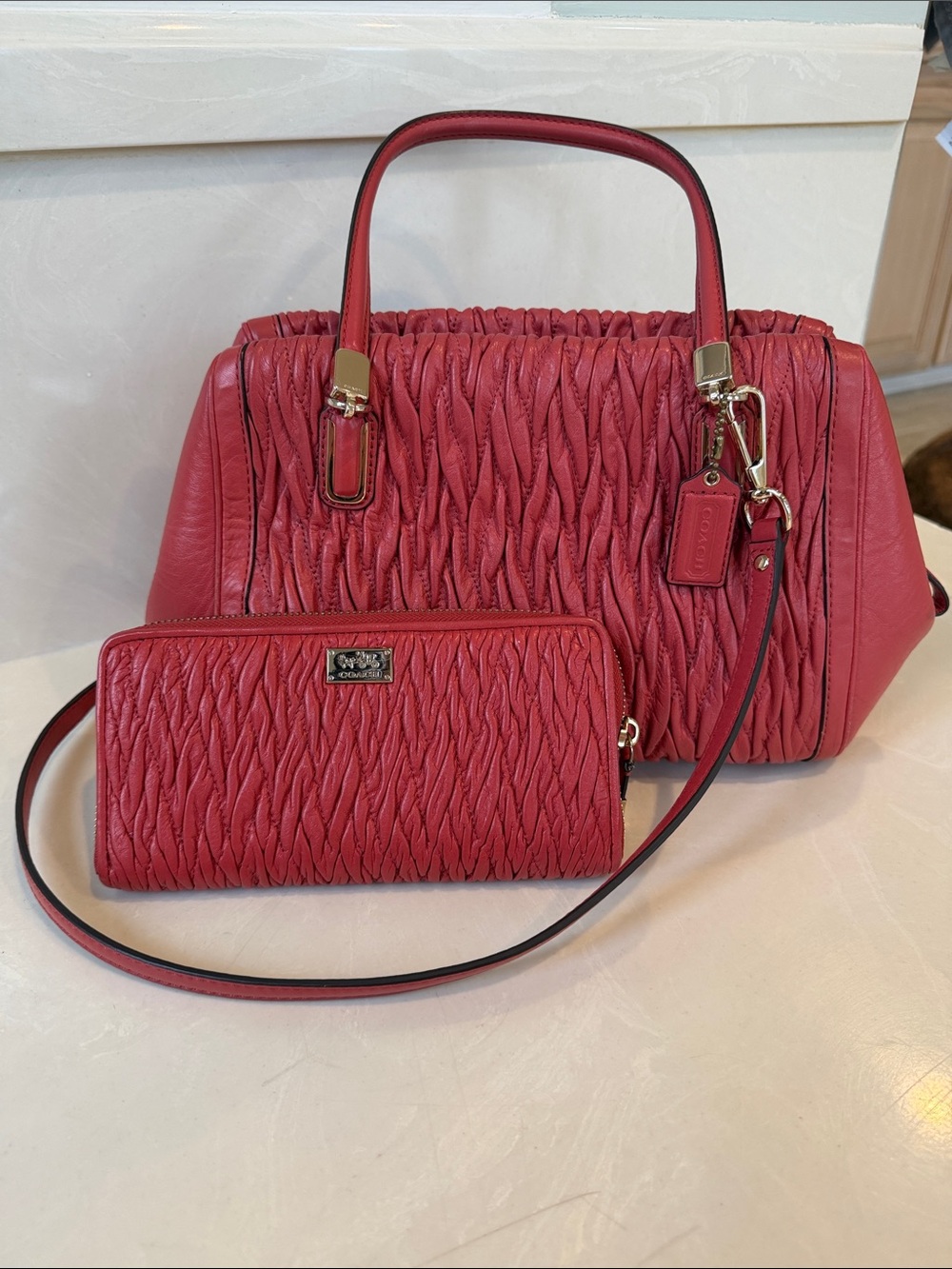 Coach Salmon Leather East West Satchel with matching wallet